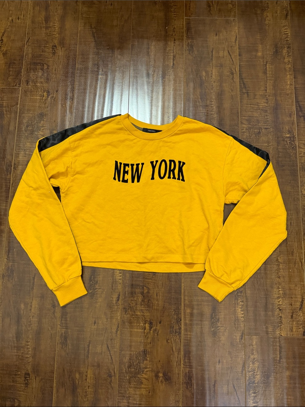 Forever 21 Yellow Cropped Crewneck Sweatshirt with Black Sleeve Accents
